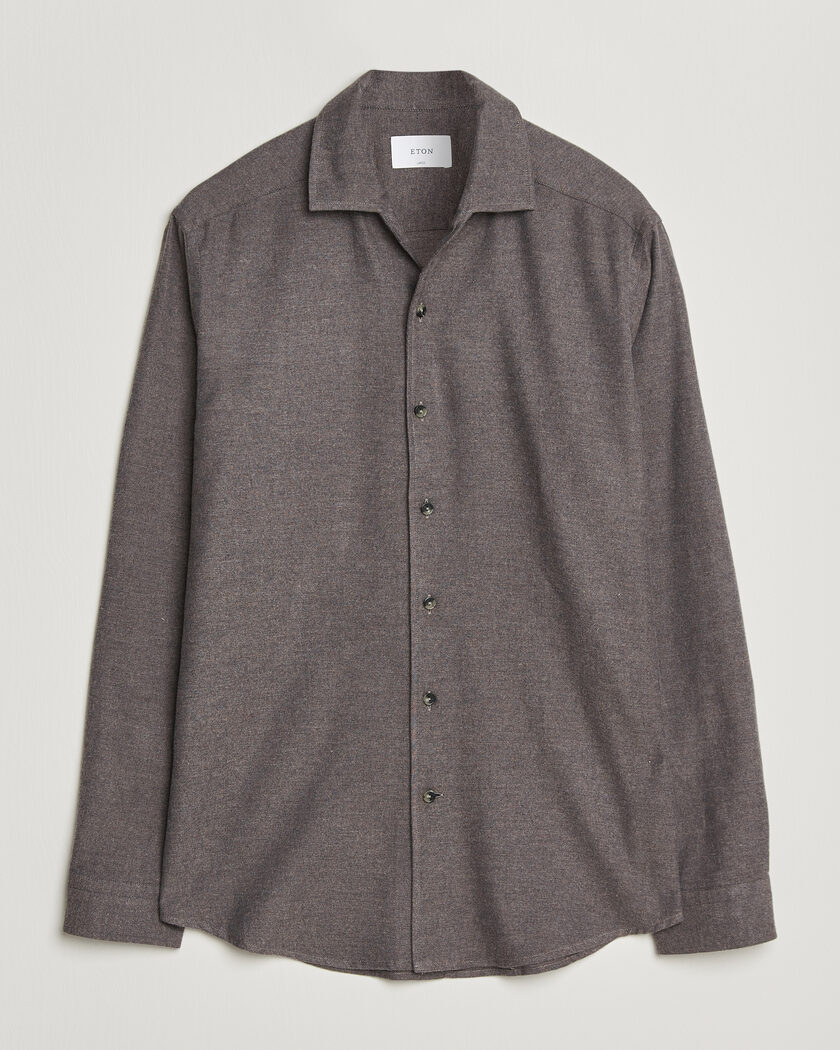Eton Casual Fit One Piece Collar Flannel Shirt Dark Brown – Brown