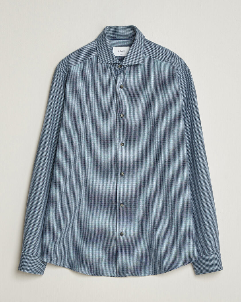 Eton Casual Fit Houndstooth Flannel Shirt Mid Blue – Blue