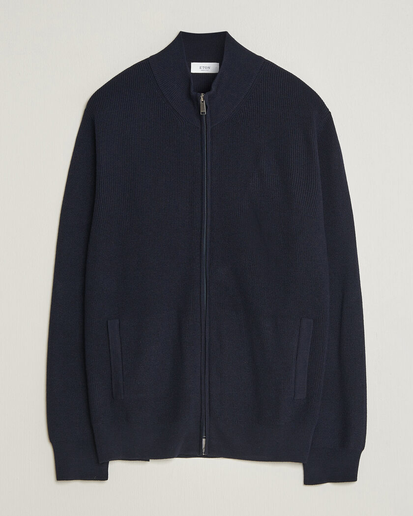Eton Merino Wool Knitted Full Zip Navy Blue – Blue