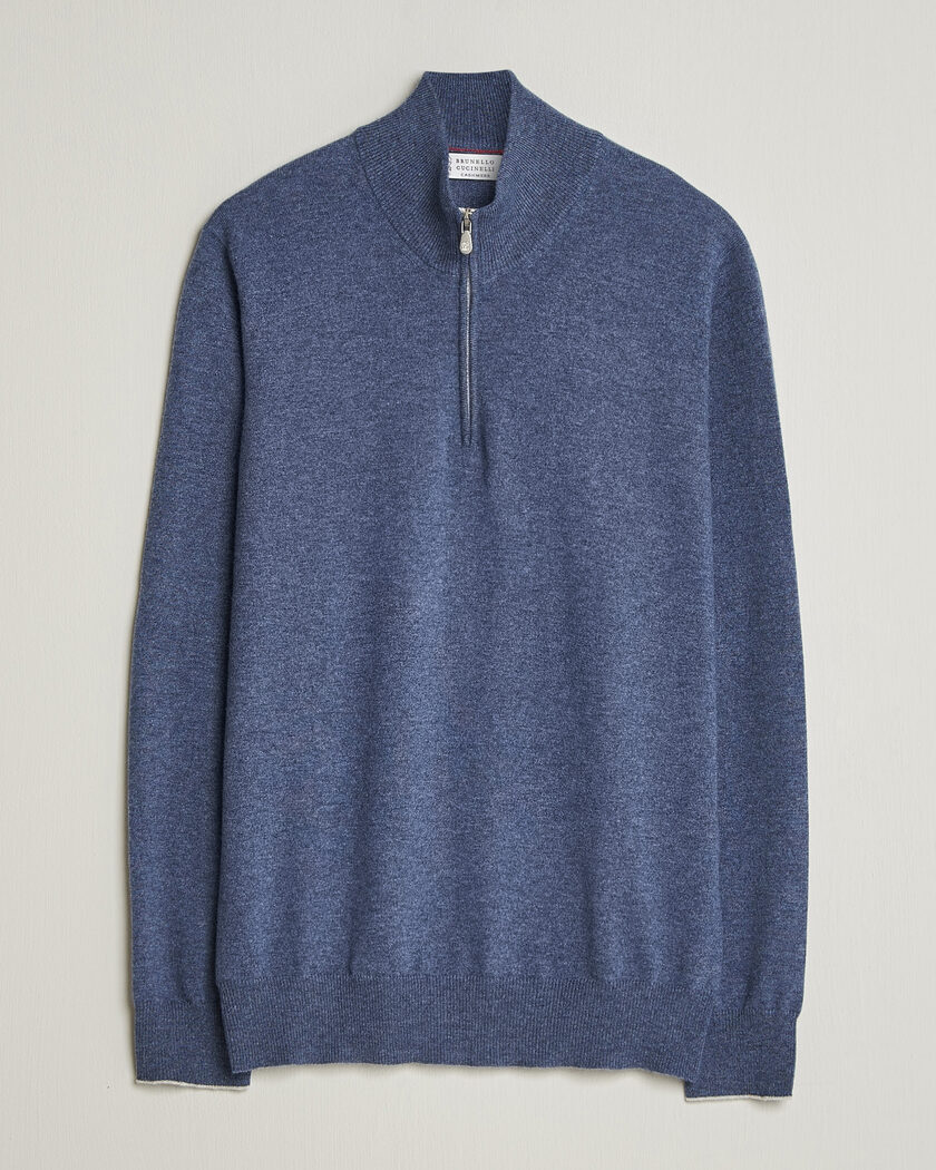Brunello Cucinelli 2 Ply Cashmere Half Zip Denim Blue – Blue