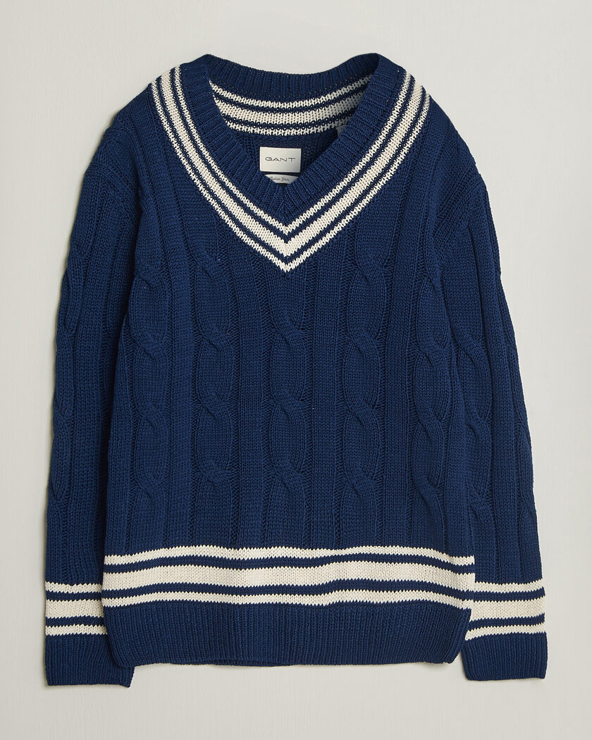 Gant Mercerized Cotton Knitted Cable V-Neck Persian Blue – Blue