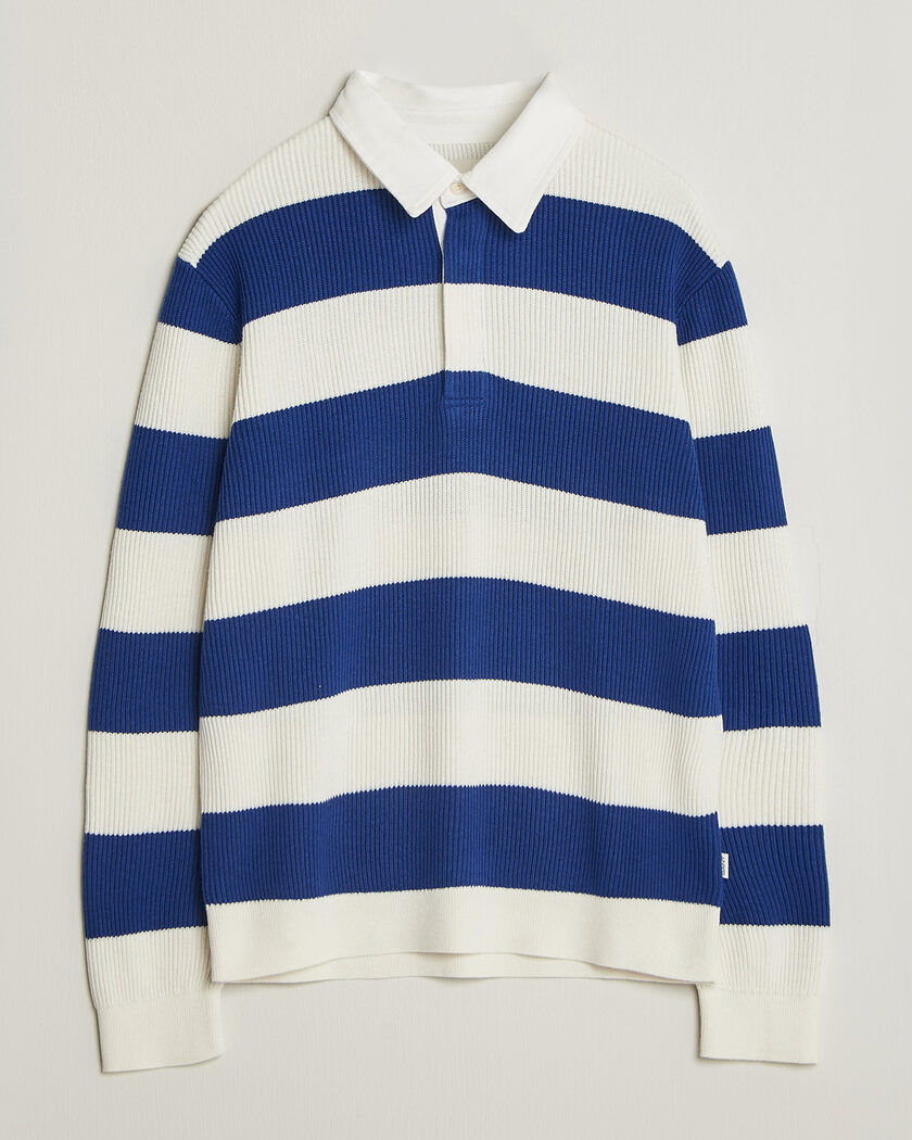 Drake's Striped Long Sleeve Jersey Polo White/Navy at CareOfCarl.com
