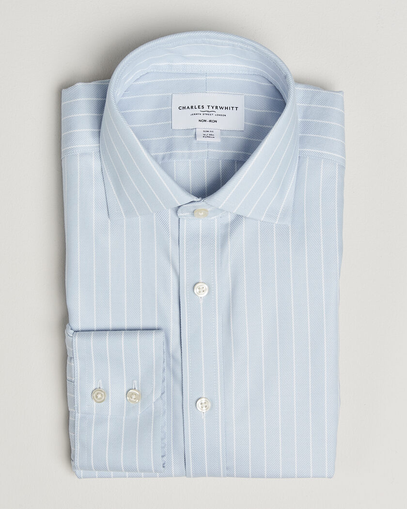 Charles Tyrwhitt Slim Fit Non Iron Herringbone Stripe Shirt Light Blue – Blue
