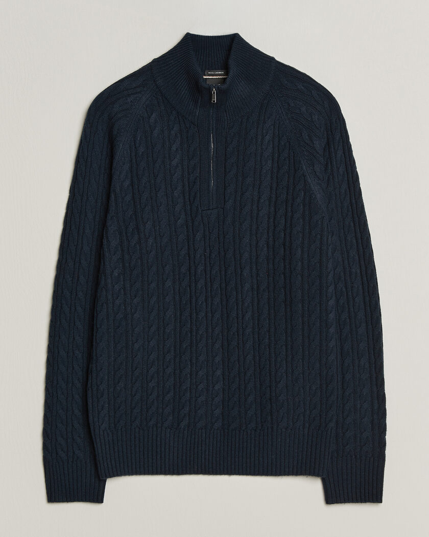 BOSS BLACK Furore Wool/Cashmere Cable Half Zip Dark Blue – Blue