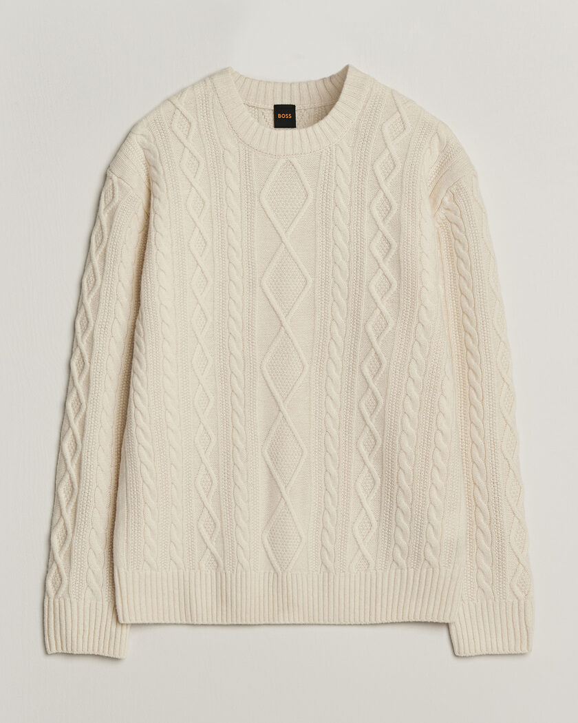 BOSS ORANGE Atreccio Wool Structured Knitted Sweater Open White – White