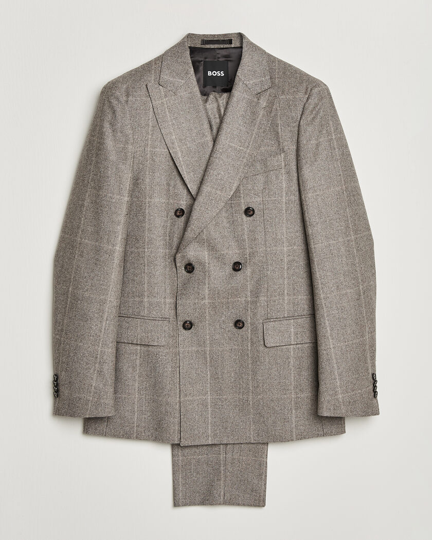 BOSS BLACK Huge Wool Checked Double Breasted Suit Open Brown – Brown