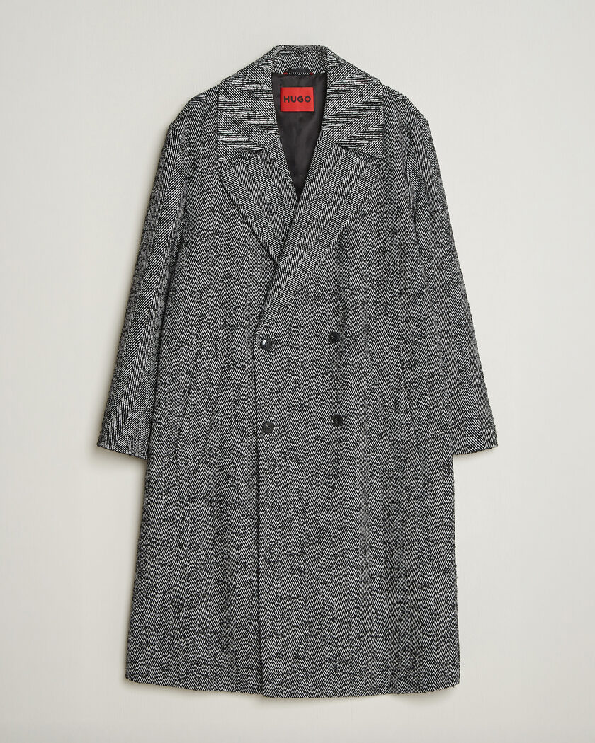 HUGO Milas Herringbone Double Breasted Coat Dark Grey – Grey