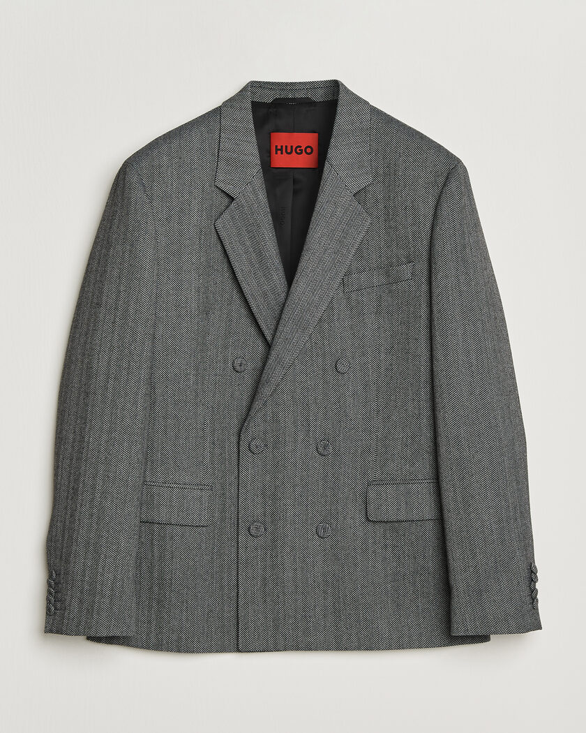  HUGO Karlo Herringbone Double Breasted Blazer Dark Grey – Grey