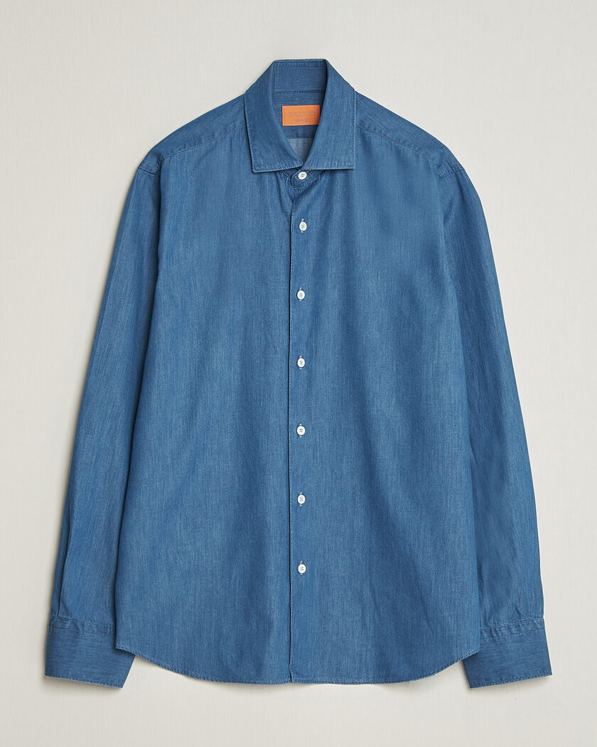 Finamore Napoli デニム長袖シャツ ネイビー Finamore Napoli Milano Slim Denim Shirt Dark Indigo at CareOfCarl.com
