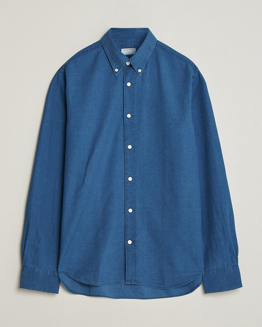 Finamore Napoli デニム長袖シャツ ネイビー Finamore Napoli Milano Slim Denim Shirt Dark Indigo at CareOfCarl.com
