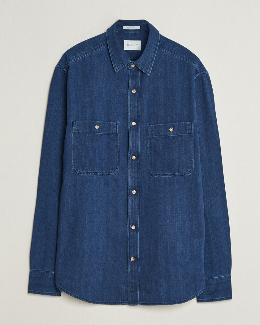 Gant Regular Fit Indigo Herringbone Overshirt Mid Blue – Blue