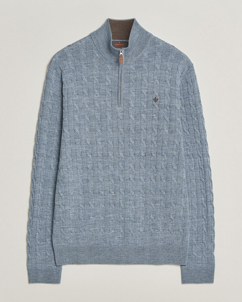 Morris Merino Cable Half Zip Light Blue – Blue