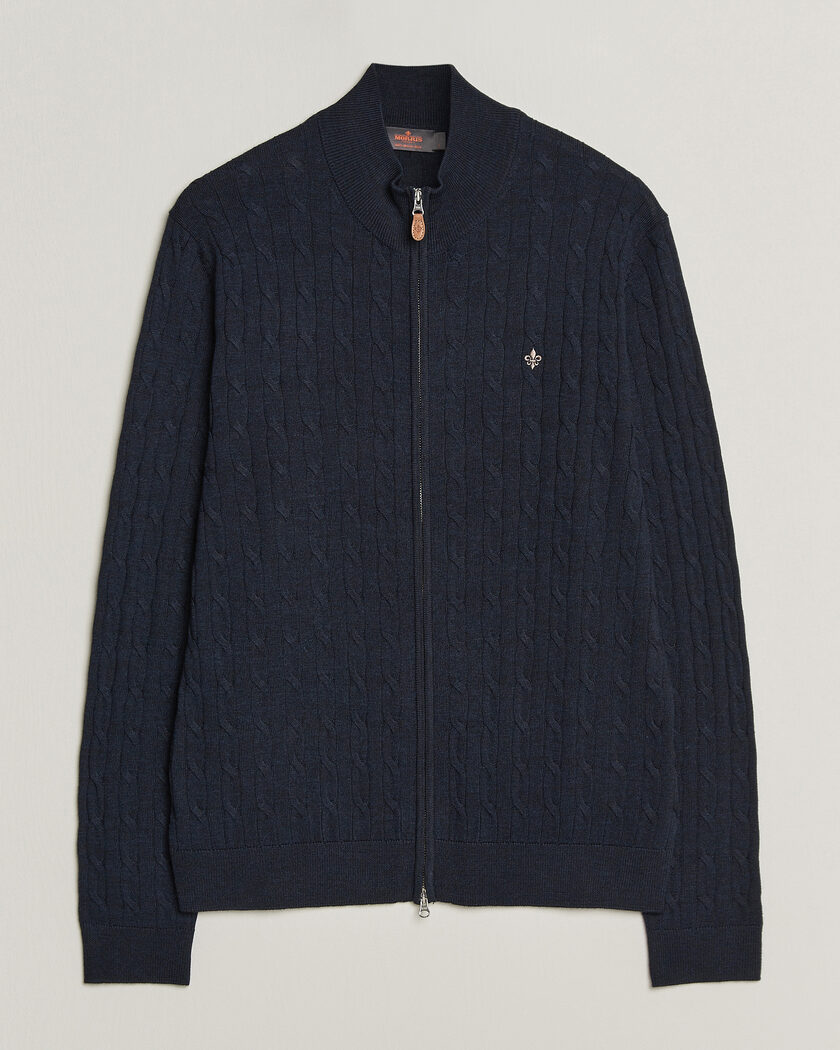 Morris Merino Cable Zip Cardigan Navy – Blue