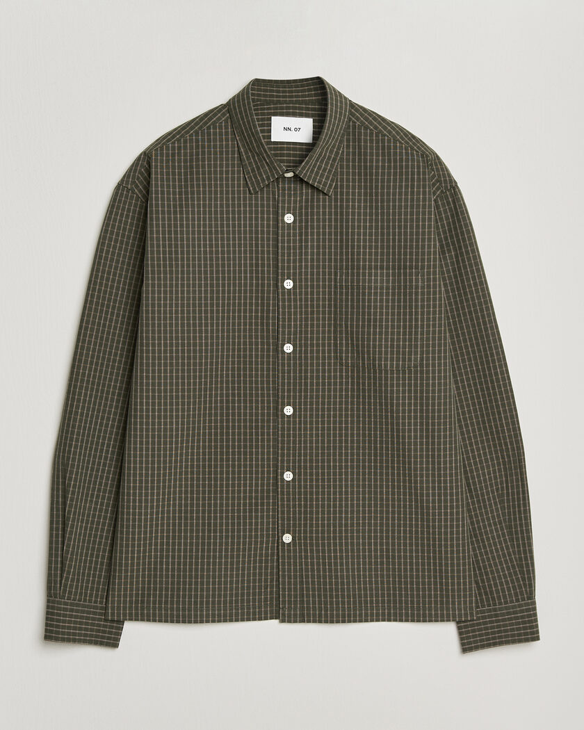  NN07 Deon Peached Cotton Checked Shirt Green – Green