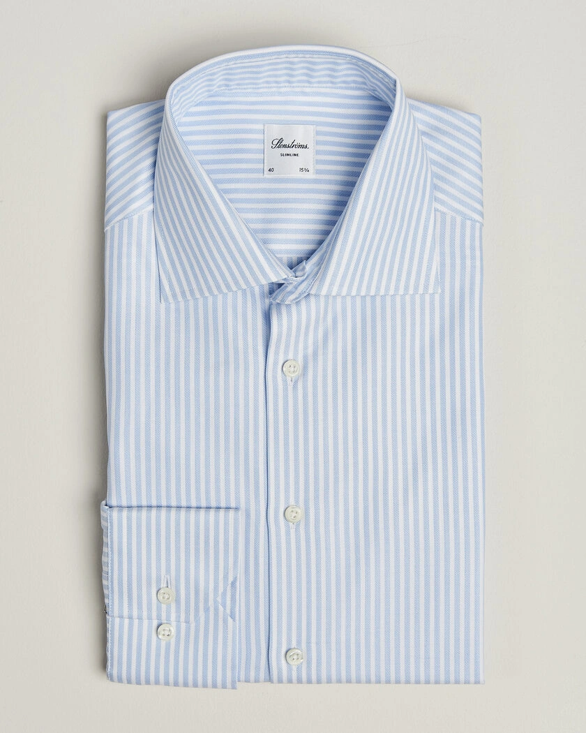 Stenströms Slimline Twofold Cotton Stripe Shirt Light Blue – Blue