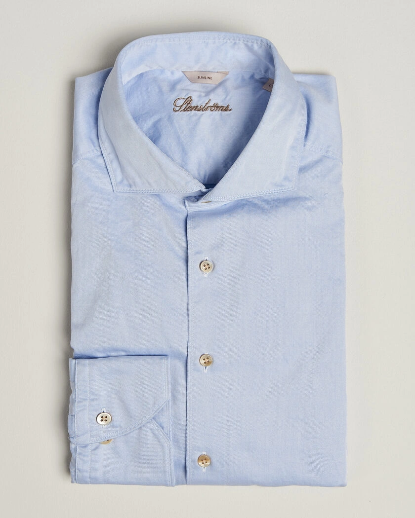 Stenströms Slimline Washed Cotton Twill Cut Away Shirt Blue – Blue