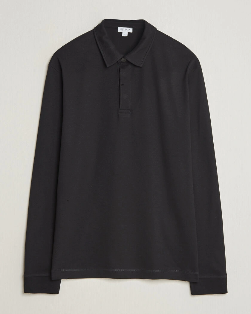 Sunspel Heavy Weight Supima Cotton Long Sleeve Polo Black – Black