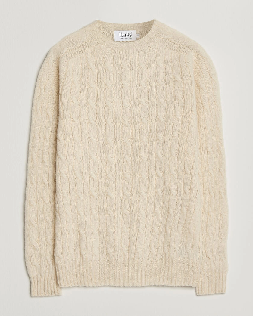 Harley Of Scotland Brushed Supersoft Lambswool Cable Vanilla – White