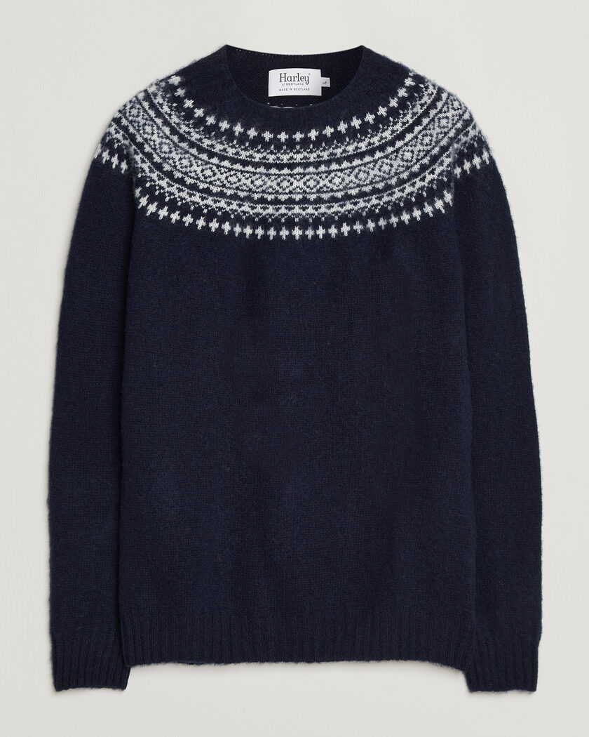 Harley Of Scotland Brushed Supersoft Lambswool Yolk Fairisle Navy/Snow White – Blue