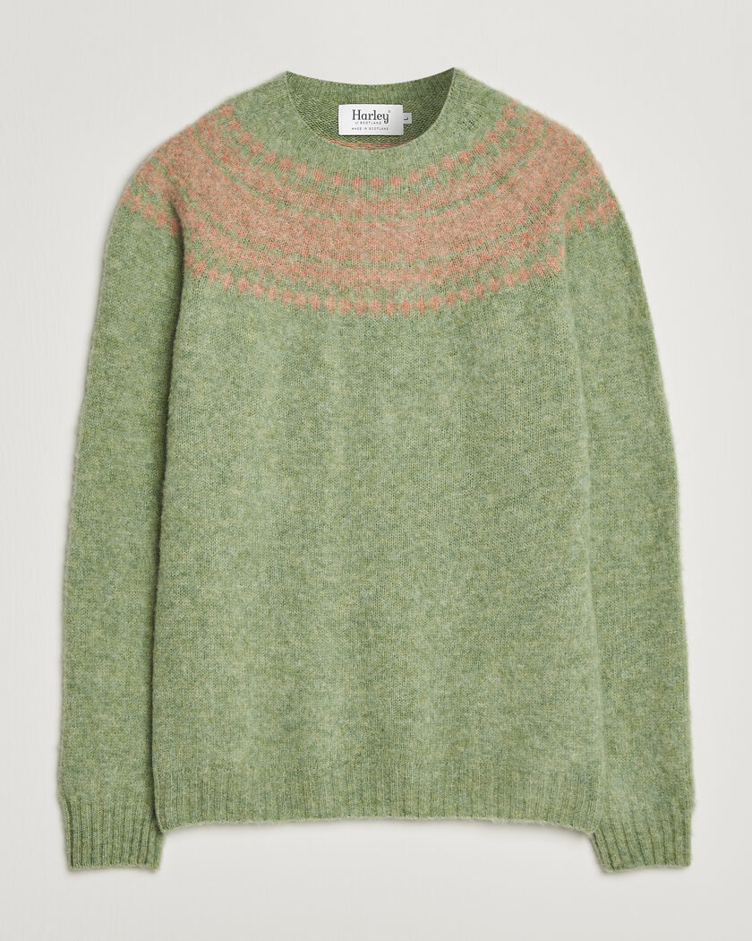 Harley Of Scotland Brushed Supersoft Lambswool Yolk Fairisle Sage/Parfait – Green