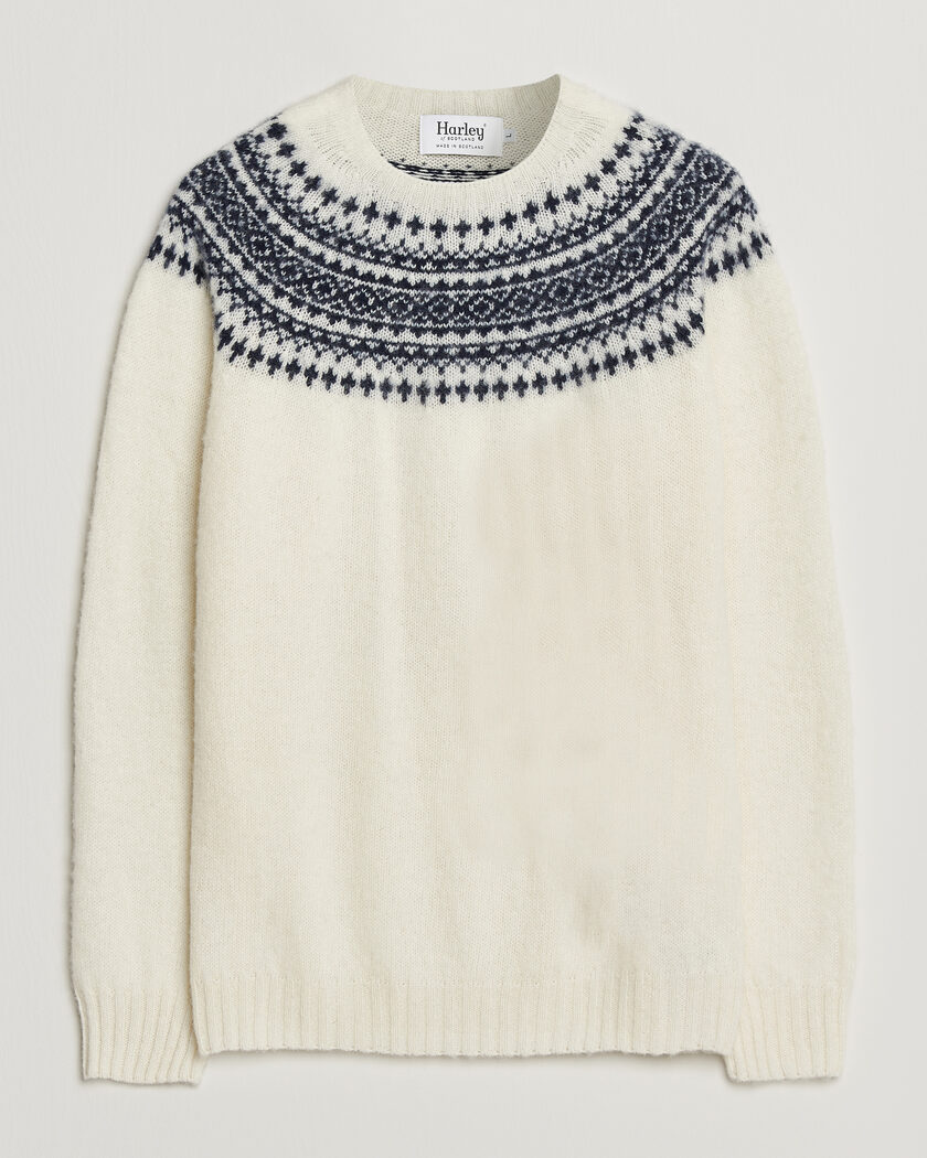 Harley Of Scotland Brushed Supersoft Lambswool Yolk Fairisle Snow White/Navy – White