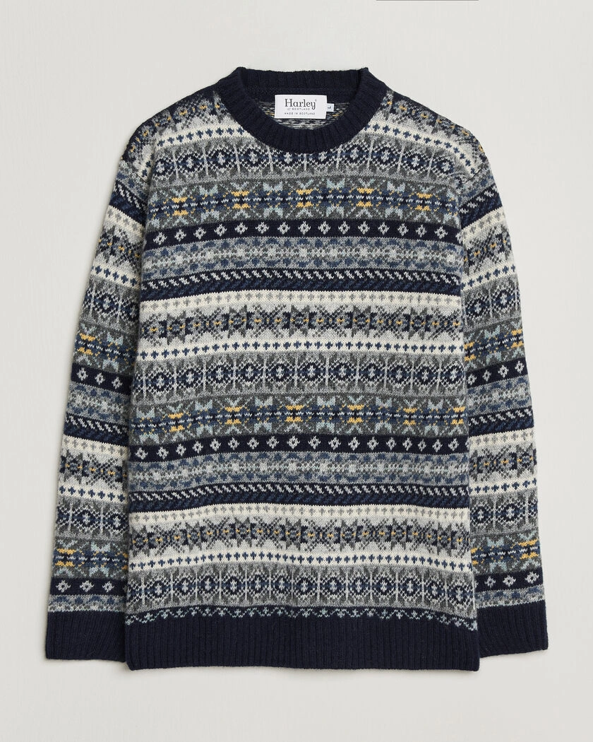 Harley Of Scotland Supersoft 2ply Lambswool Fairisle Crew Navy – Blue
