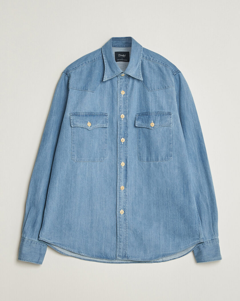 Drake's Denim Western Shirt Bleached Blue – Blue