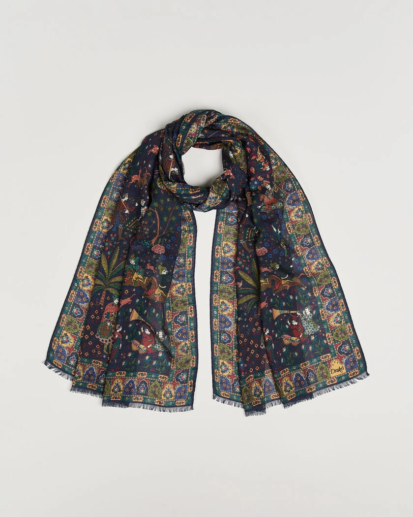  Drake's Mughal Garden Wool/Silk Scarf Navy – Blue