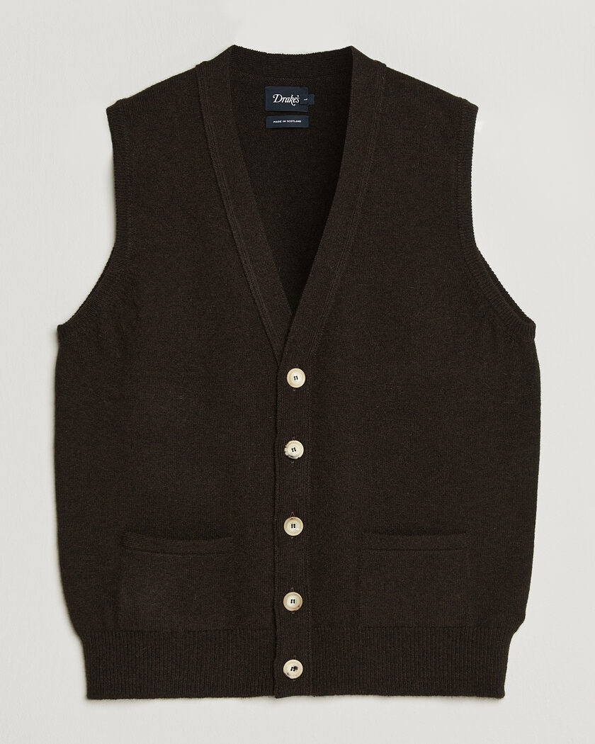 Drake's Lambswool Vest Cardigan Dark Brown – Brown