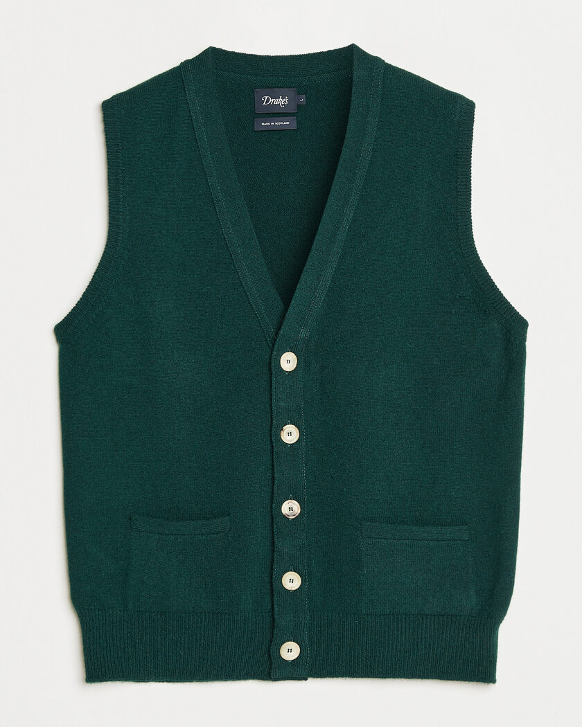 Drake's Lambswool Vest Cardigan Green – Green