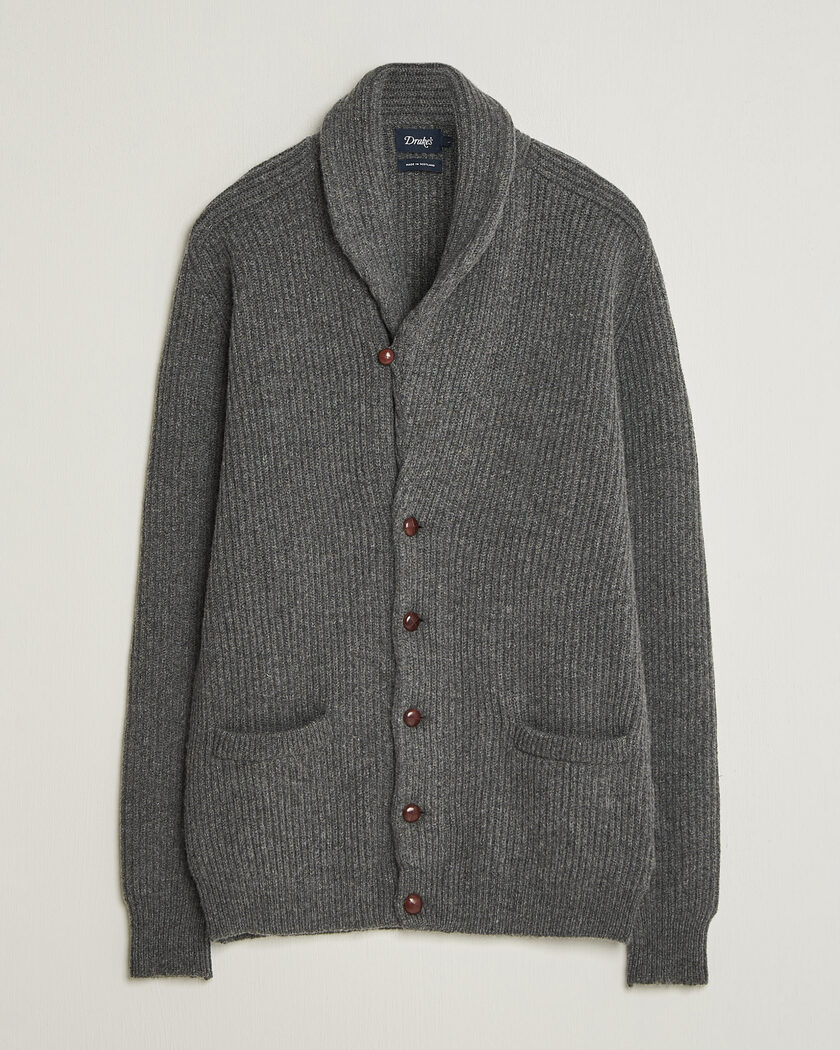 Drake's Lambswool Shawl Collar Rib Cardigan Grey – Grey