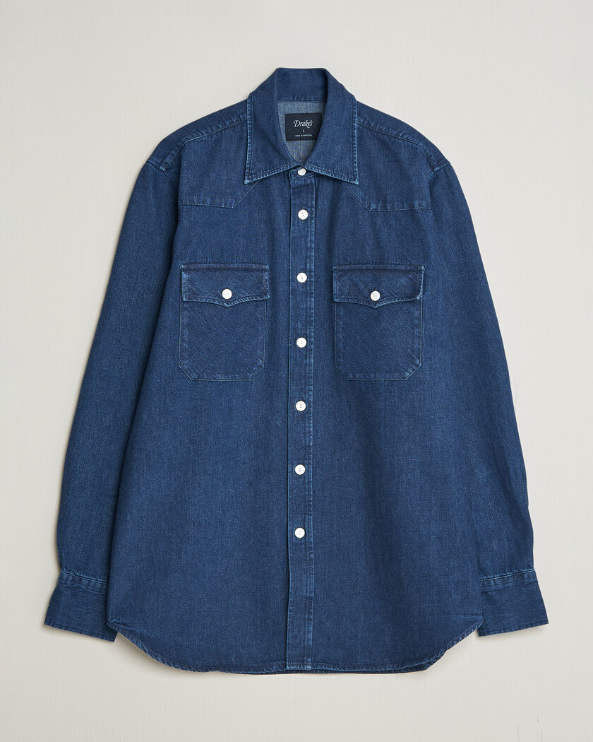 Drake's Western Selvedge Denim Shirt Stone Wash Indigo – Blue