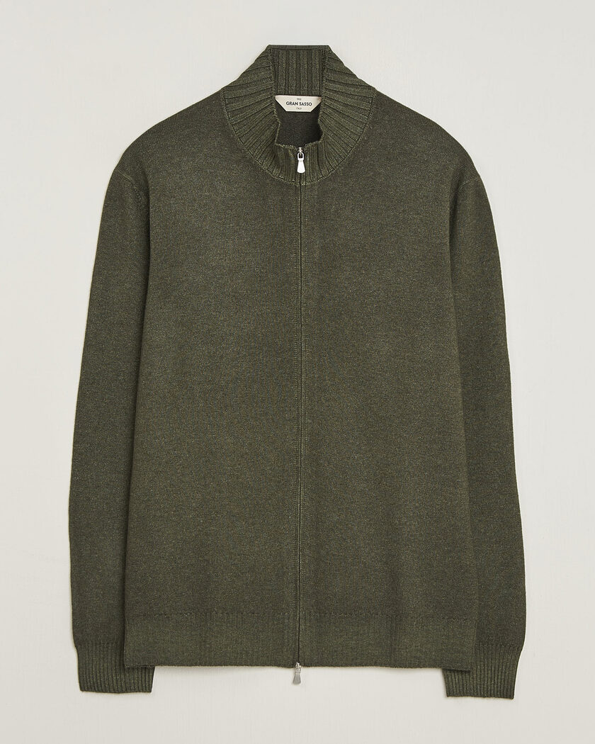 Gran Sasso Wool/Cashmere Washed Full Zip Olive Melange – Green