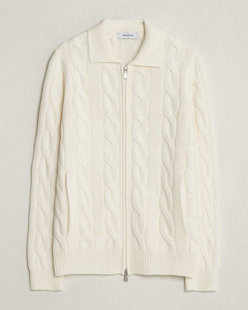 Gran Sasso Wool/Cashmere Cable Full Zip Cream – White