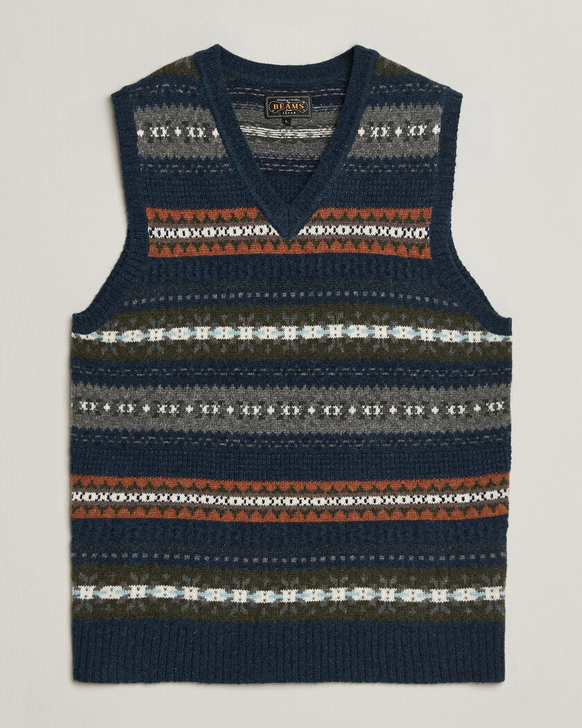BEAMS PLUS Fair Isle Knit Vest Navy – Blue