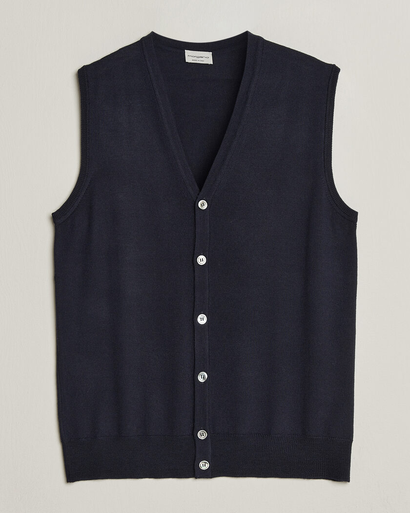 Morgano Extra Fine Merino Wool Sleevles Cardigan Vest Navy – Blue