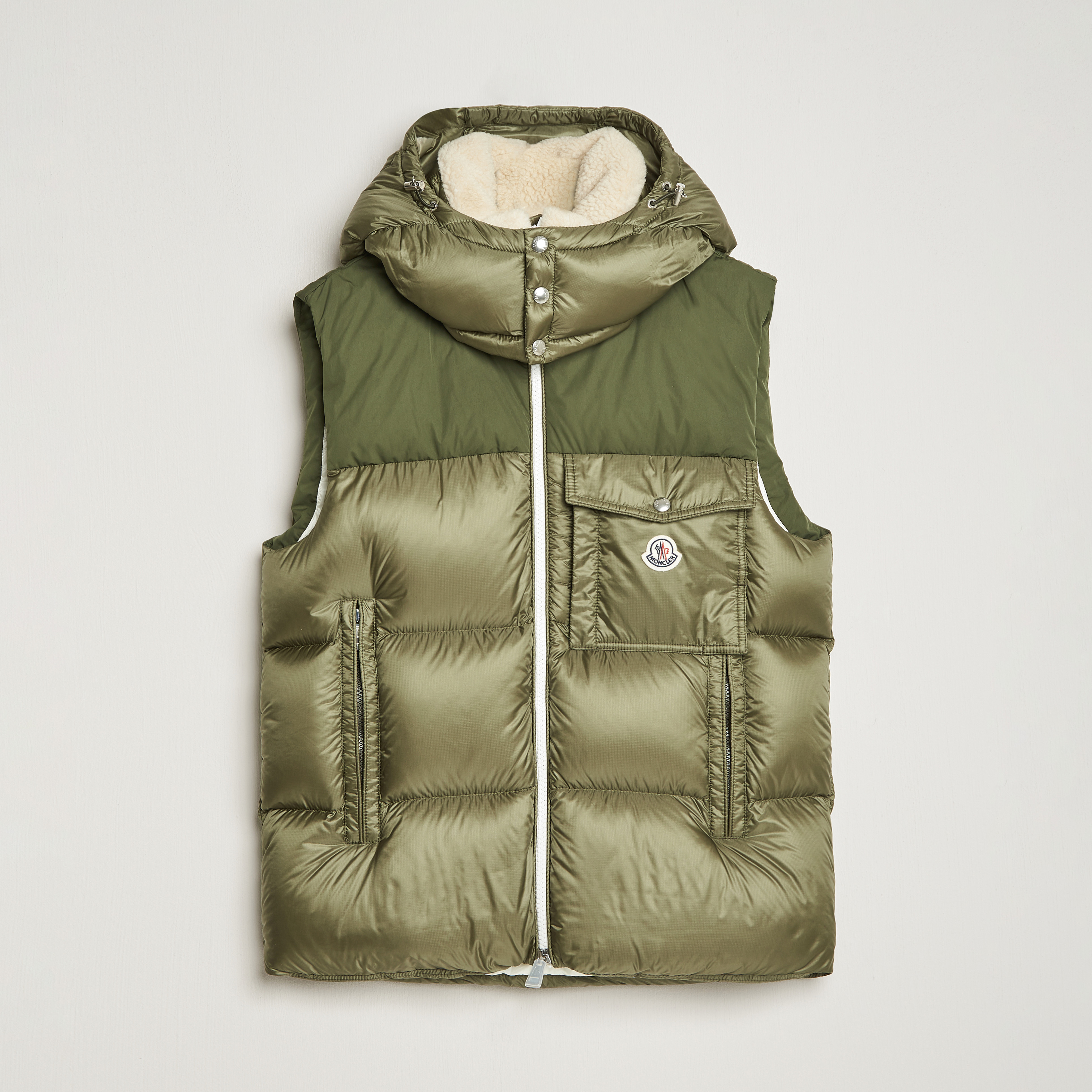Moncler Oust Shearling Down Vest Olive at CareOfCarl.com