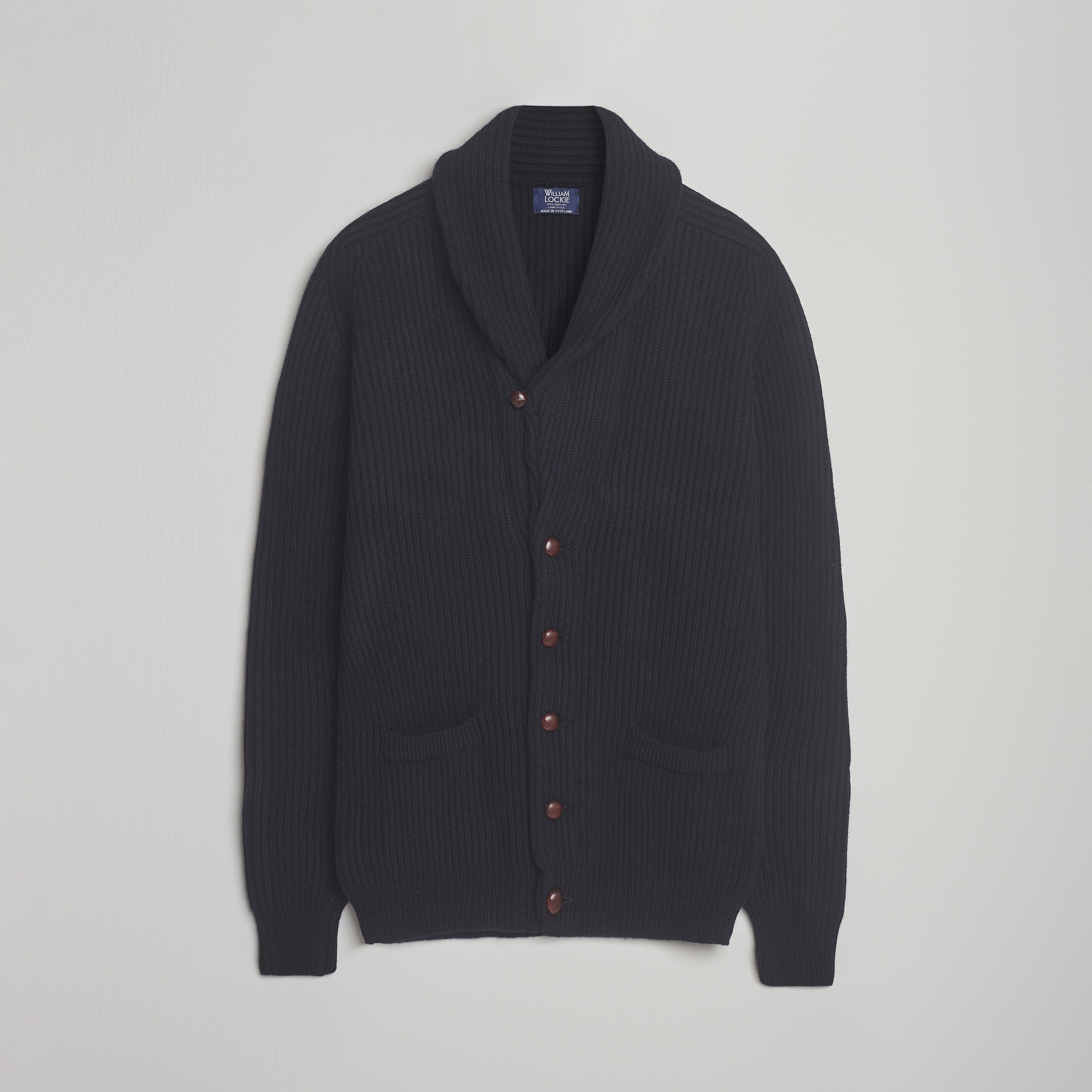 William Lockie Windsor Geelong Lambswool Shawl Cardigan Navy at