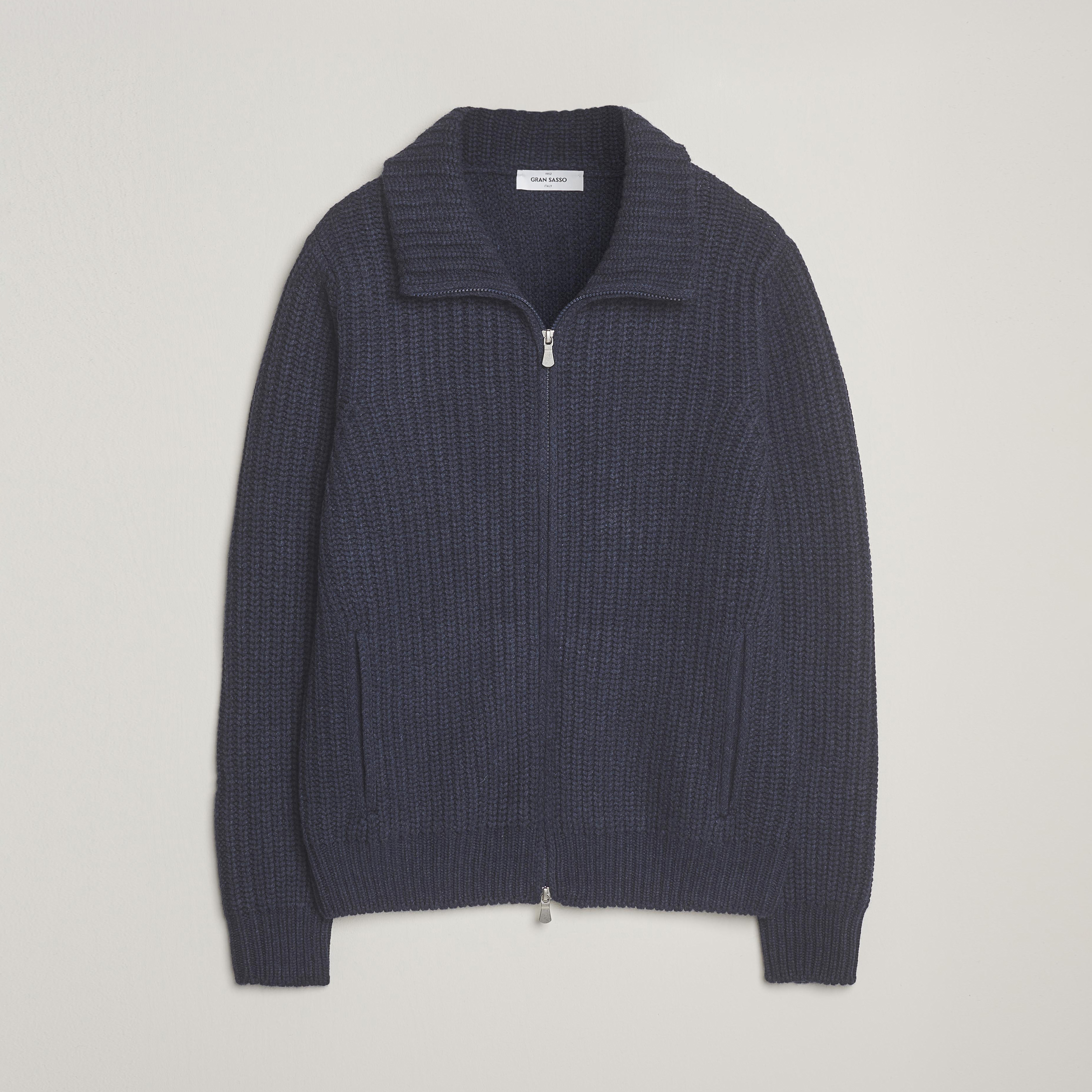 Gran Sasso Heavy Knitted Wool Full Zip Navy Melange at CareOfCarl.com