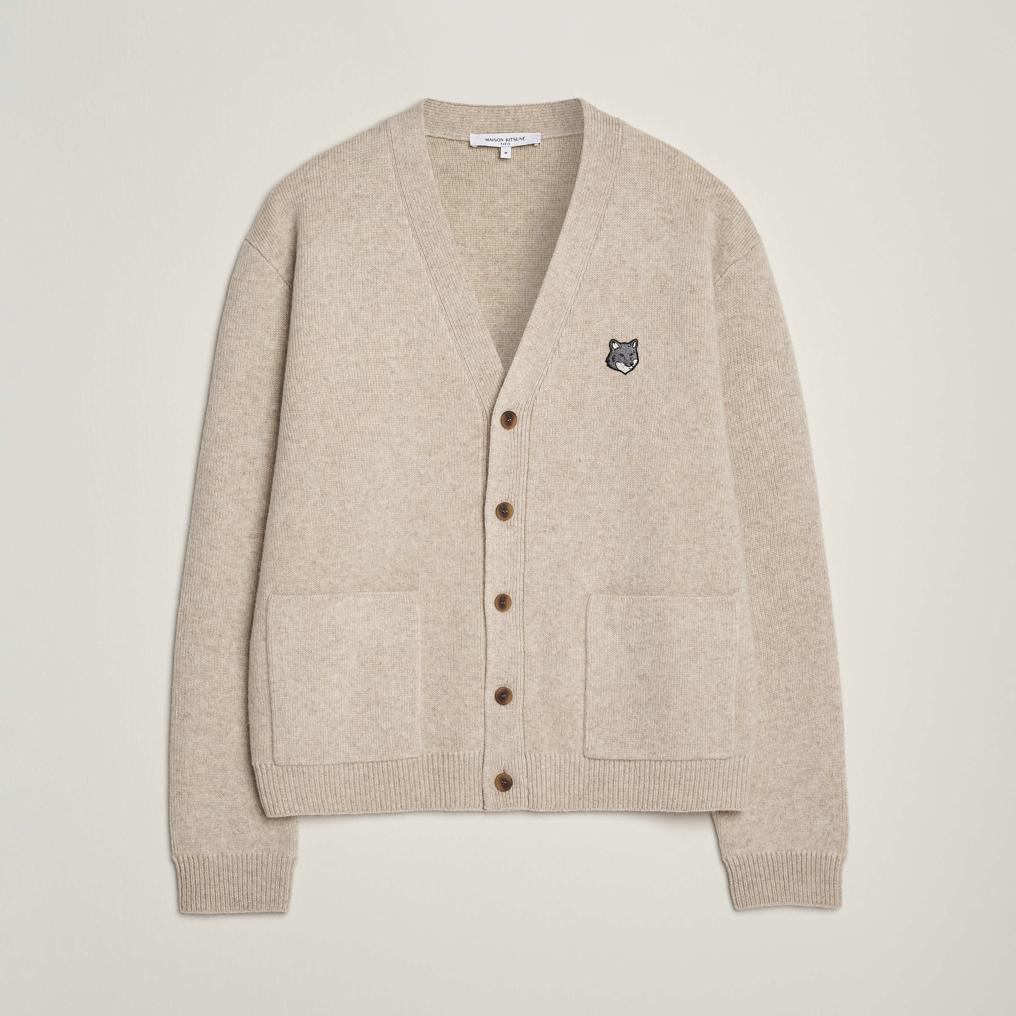 Maison Kitsuné Grey Fox Head Milano Lambswool Cardigan Tan Beige