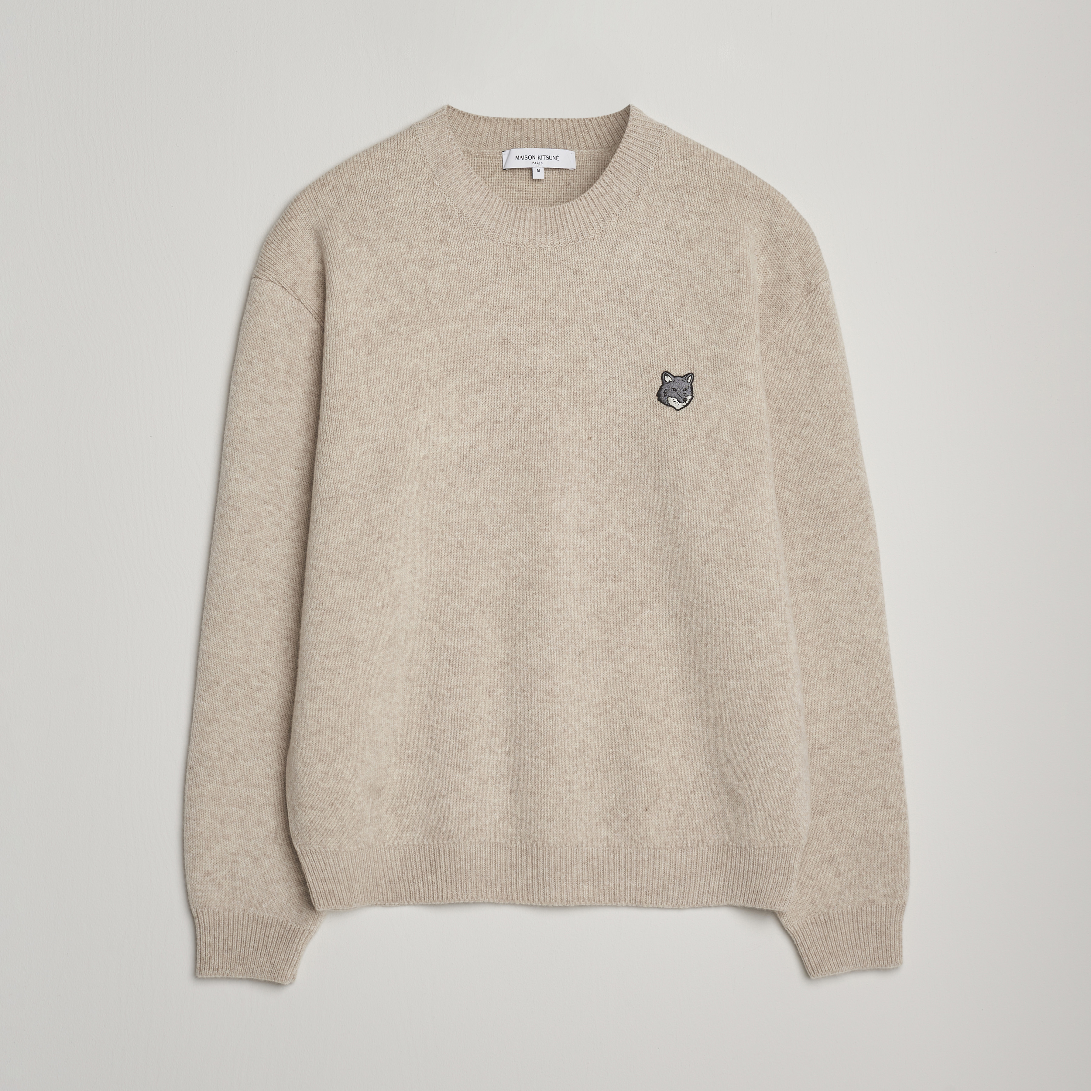 Maison Kitsuné Grey Fox Head Milano Lambswool Sweater Tan Beige at