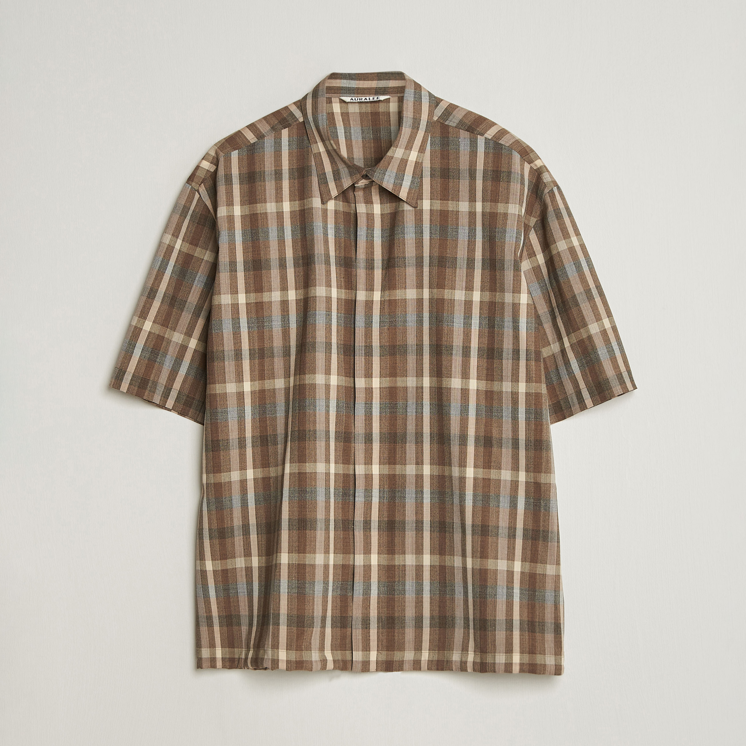 Auralee Tropical Wool Half Sleeve Shirt Brown Check at CareOfCarl.com