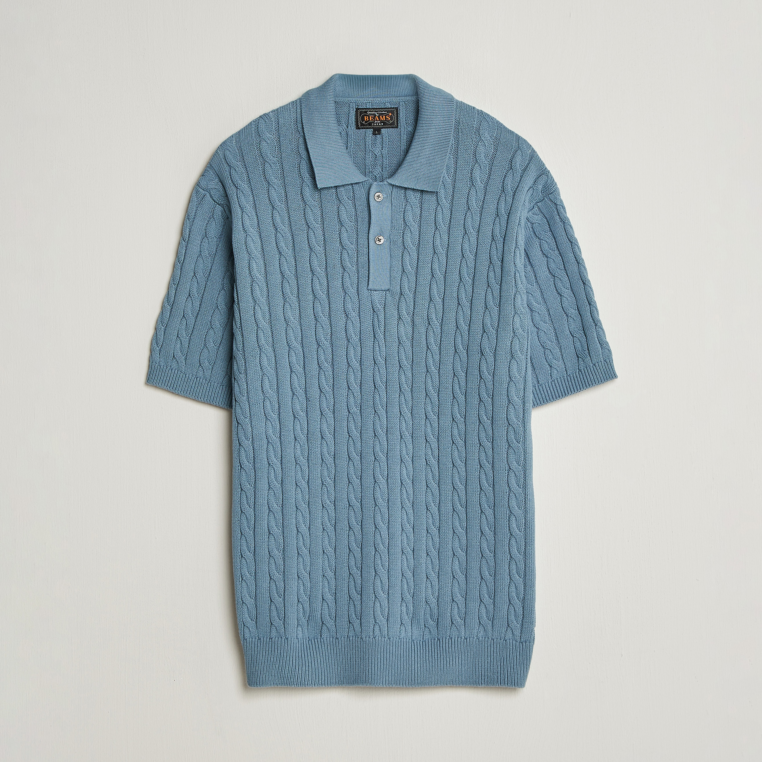BEAMS PLUS Short Sleeve Cable Polo Blue at CareOfCarl.com