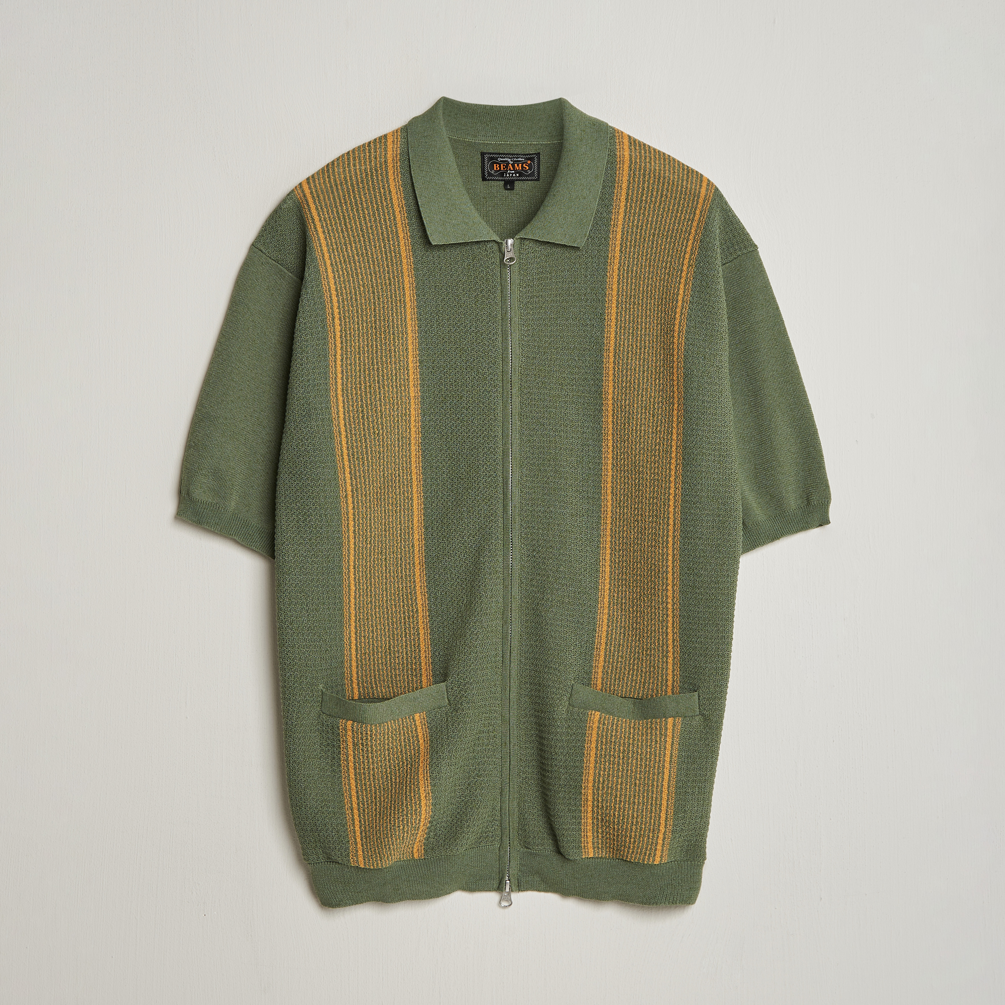 BEAMS PLUS Zip Knit Striped Polo Olive at CareOfCarl.com