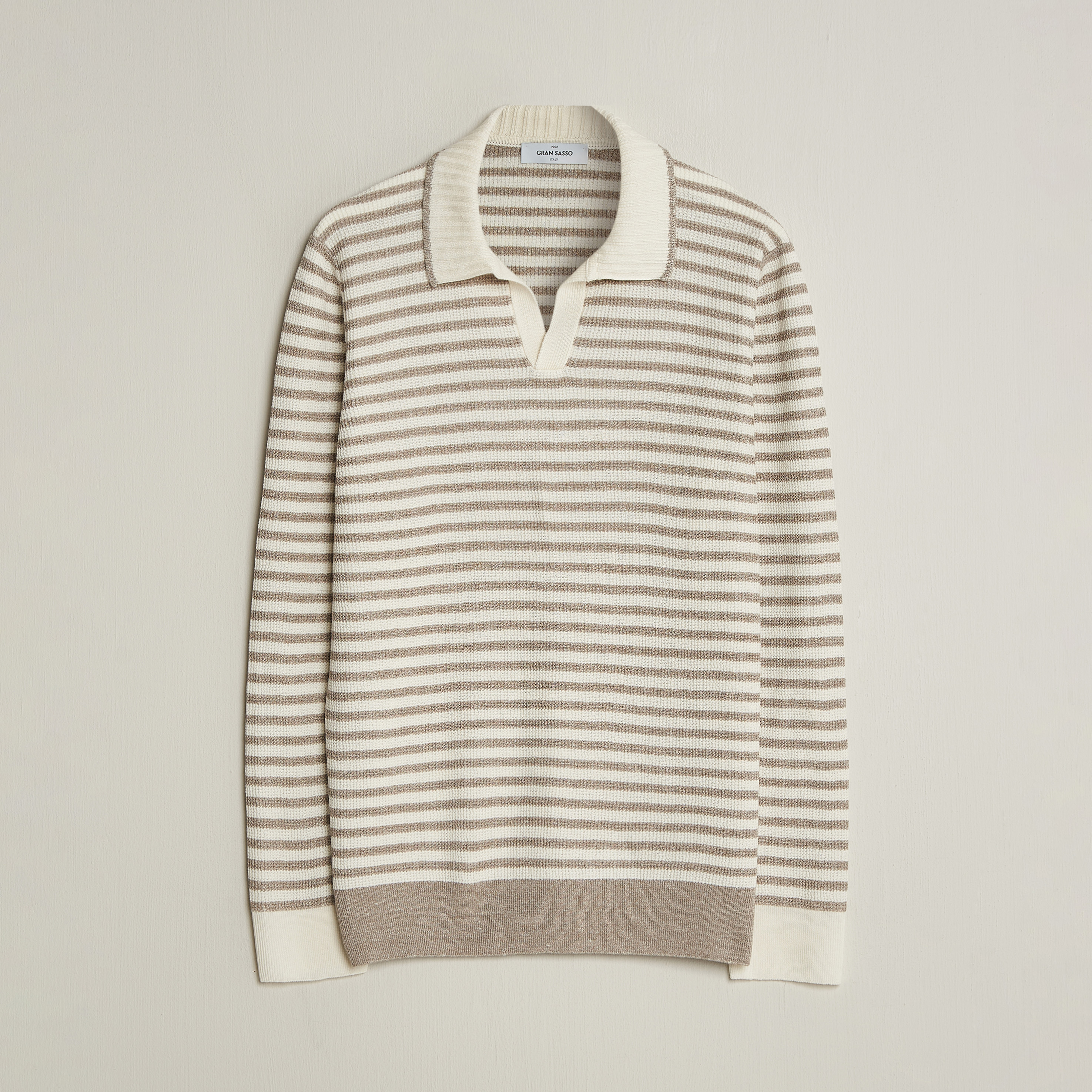 Gran Sasso Linen/Cotton Knitted Striped Polo Beige/White at