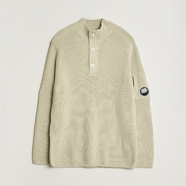 C.P. Company Full Rib Knitted Cotton Half Button Light Grey at