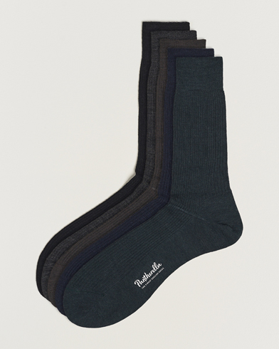 Men | Wardrobe Basics | Pantherella | 5-Pack Naish Merino/Nylon Sock Navy/Black/Charcoal/Chocolate/Racing Green