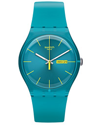 Swiss Swatch Blue Stitches Light Teal Silicone Strap Watch 34mm GM184 |  7610522688711 - Swatch watch Originals - Navy blue Dial, Light Teal Band |  Fash Direct