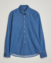  Slimline Button Down Garment Washed Shirt Mid Blue Denim