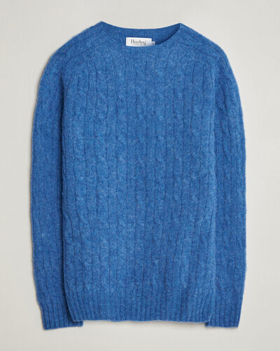Harley Of Scotland Brushed Supersoft Lambswool Cable Cobalt